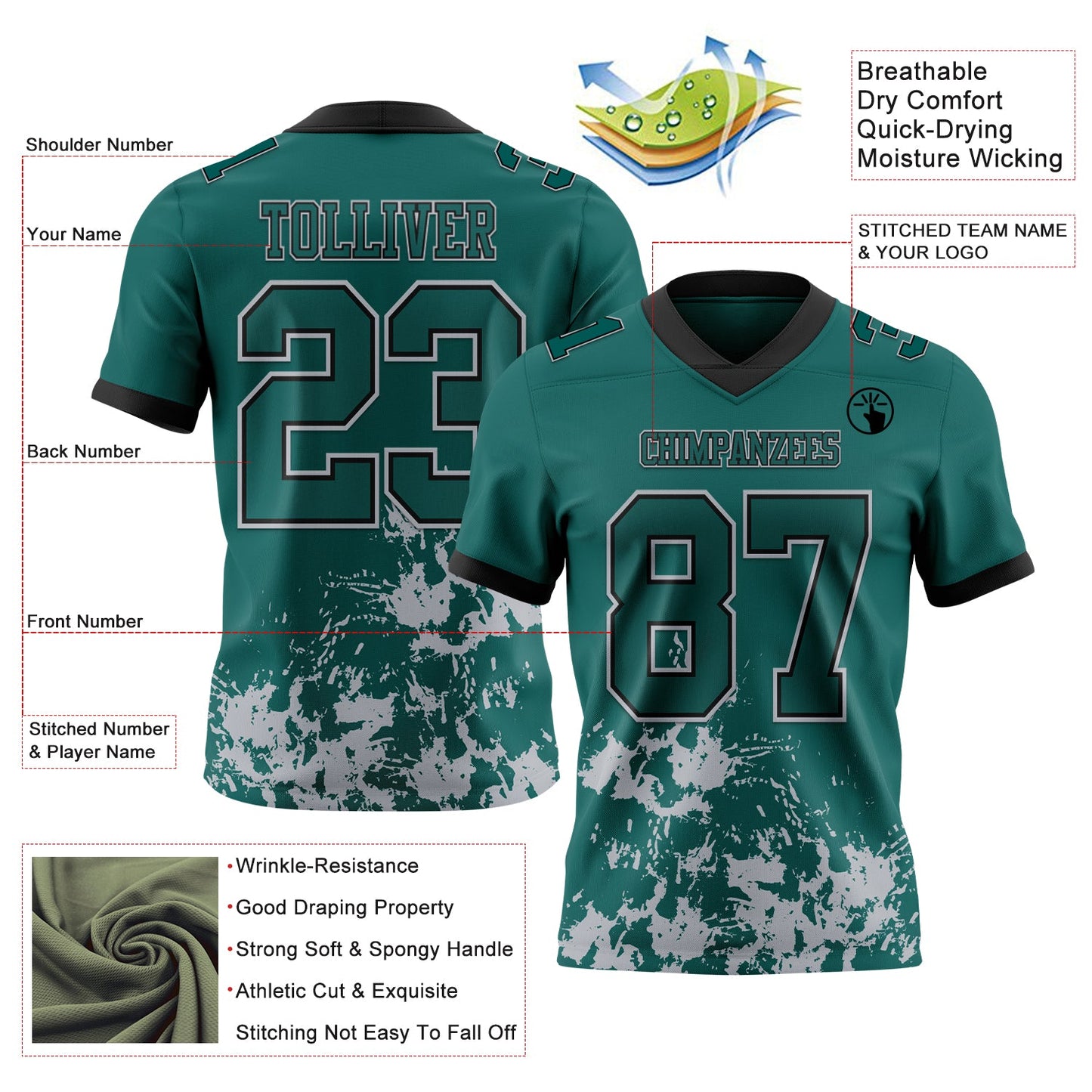 Custom Midnight Green Gray-Black Splash Mesh Authentic Football Jersey - Sky-Custom