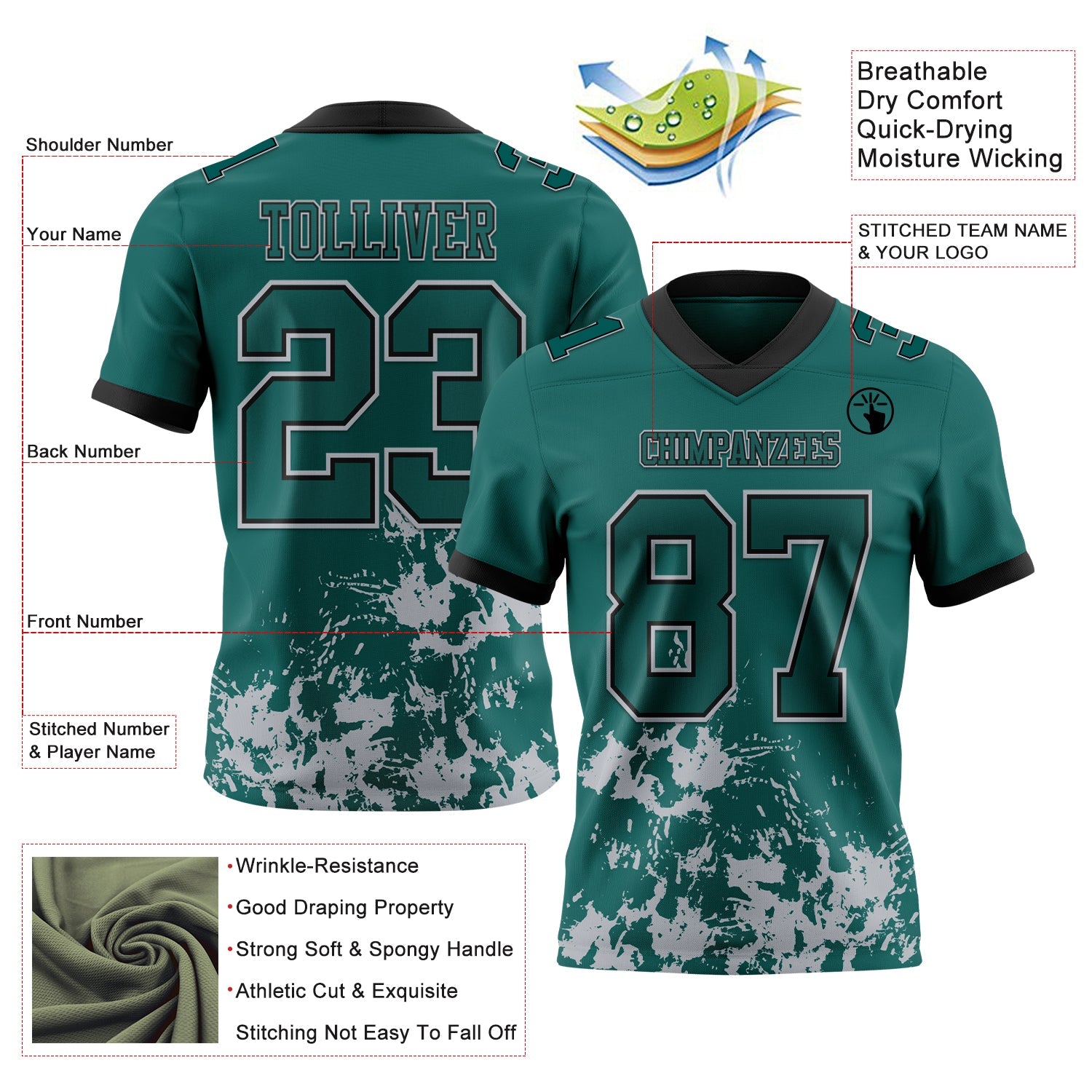 Custom Midnight Green Gray-Black Splash Mesh Authentic Football Jersey - Sky-Custom