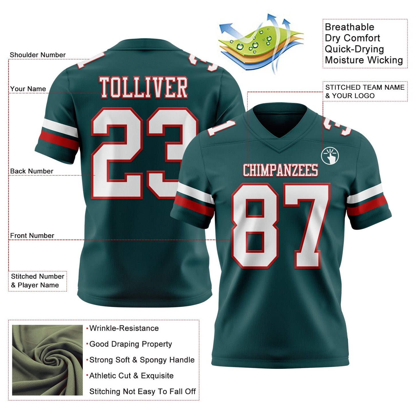 Custom Midnight Green White-Red Mesh Authentic Football Jersey - Sky-Custom