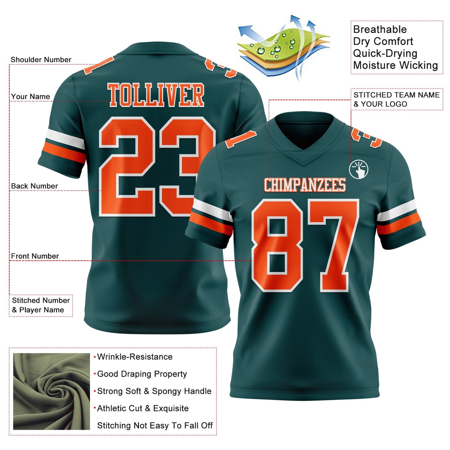 Custom Midnight Green Orange-White Mesh Authentic Football Jersey - Sky-Custom