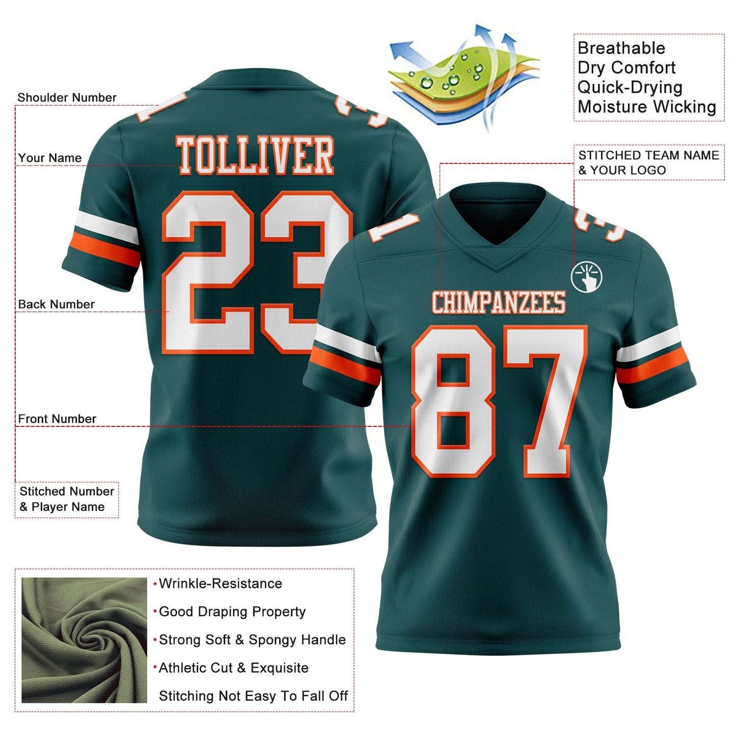 Custom Midnight Green White-Orange Mesh Authentic Football Jersey - Sky-Custom