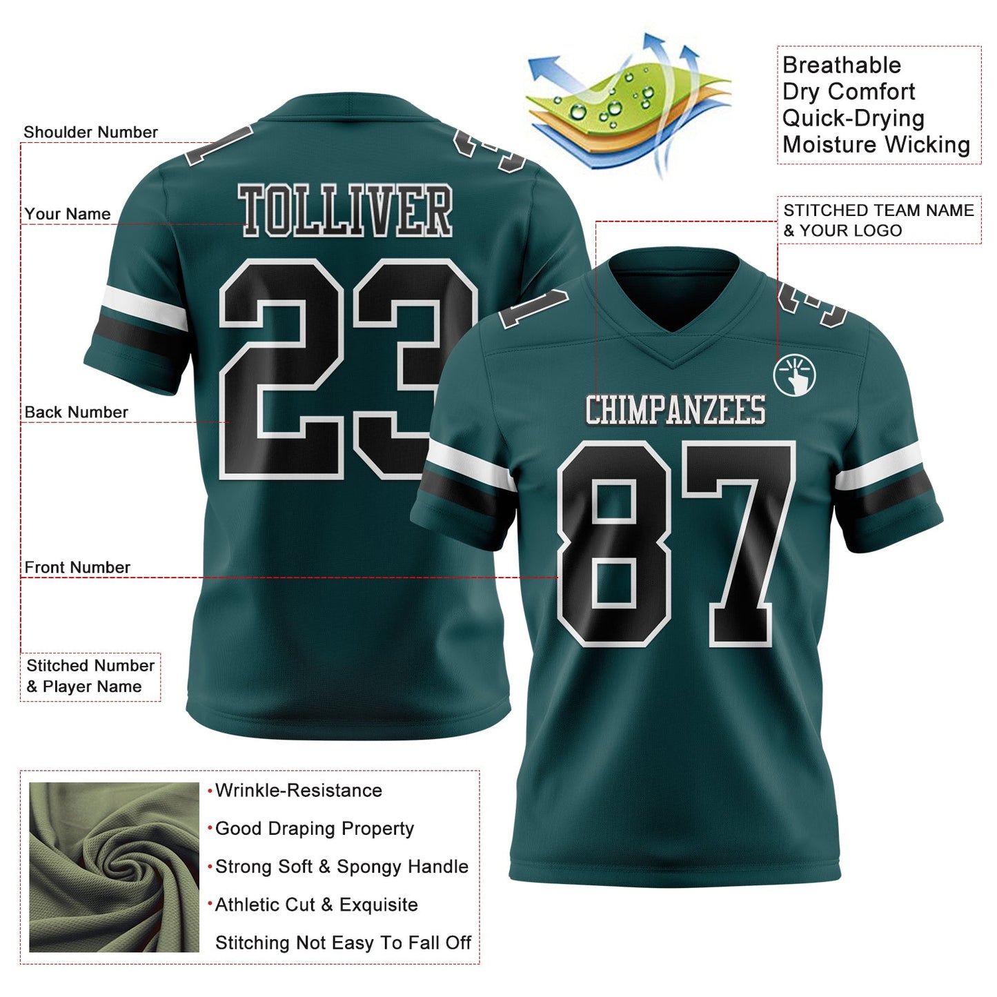 Custom Midnight Green Black-White Mesh Authentic Football Jersey - Sky-Custom