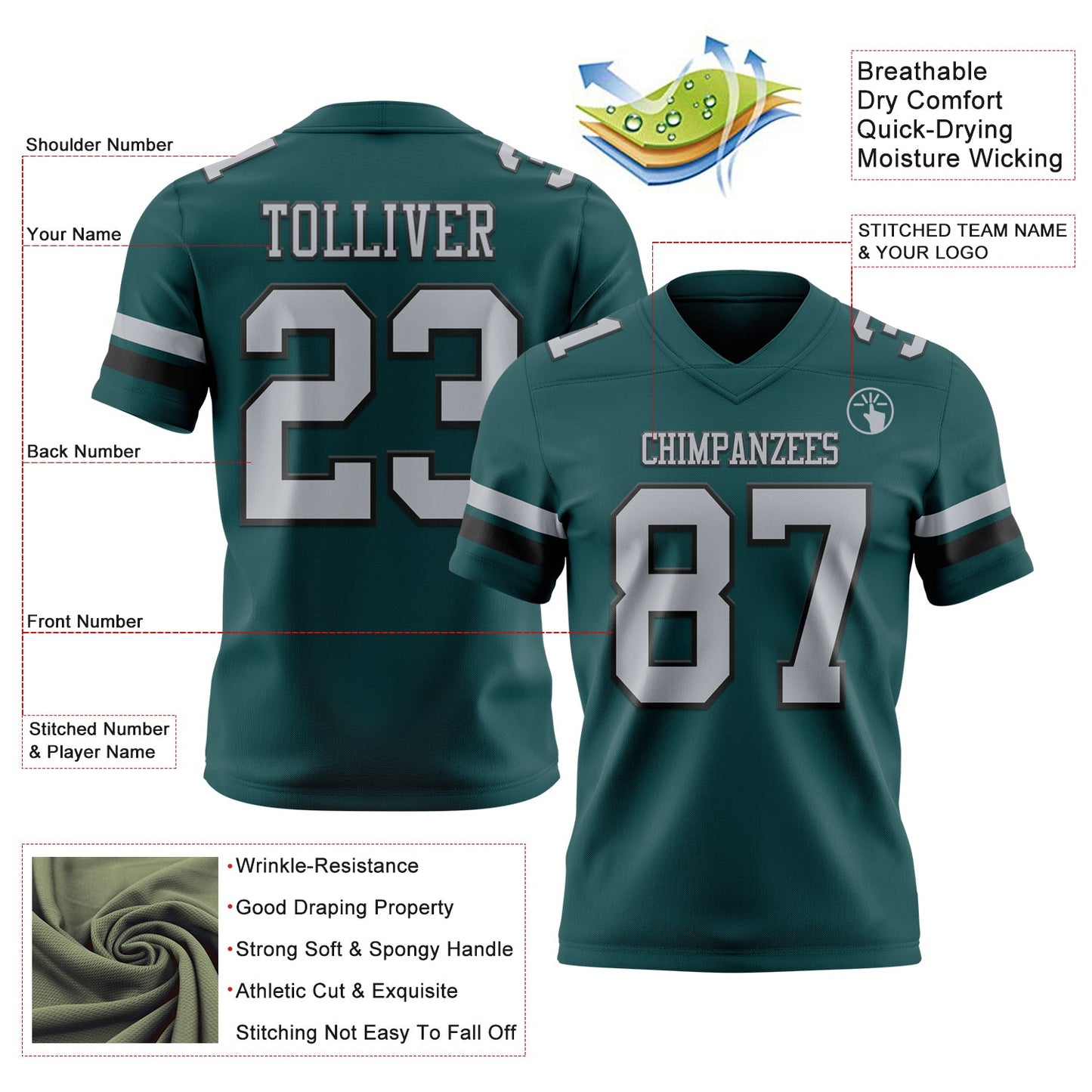 Custom Midnight Green Gray-Black Mesh Authentic Football Jersey - Sky-Custom