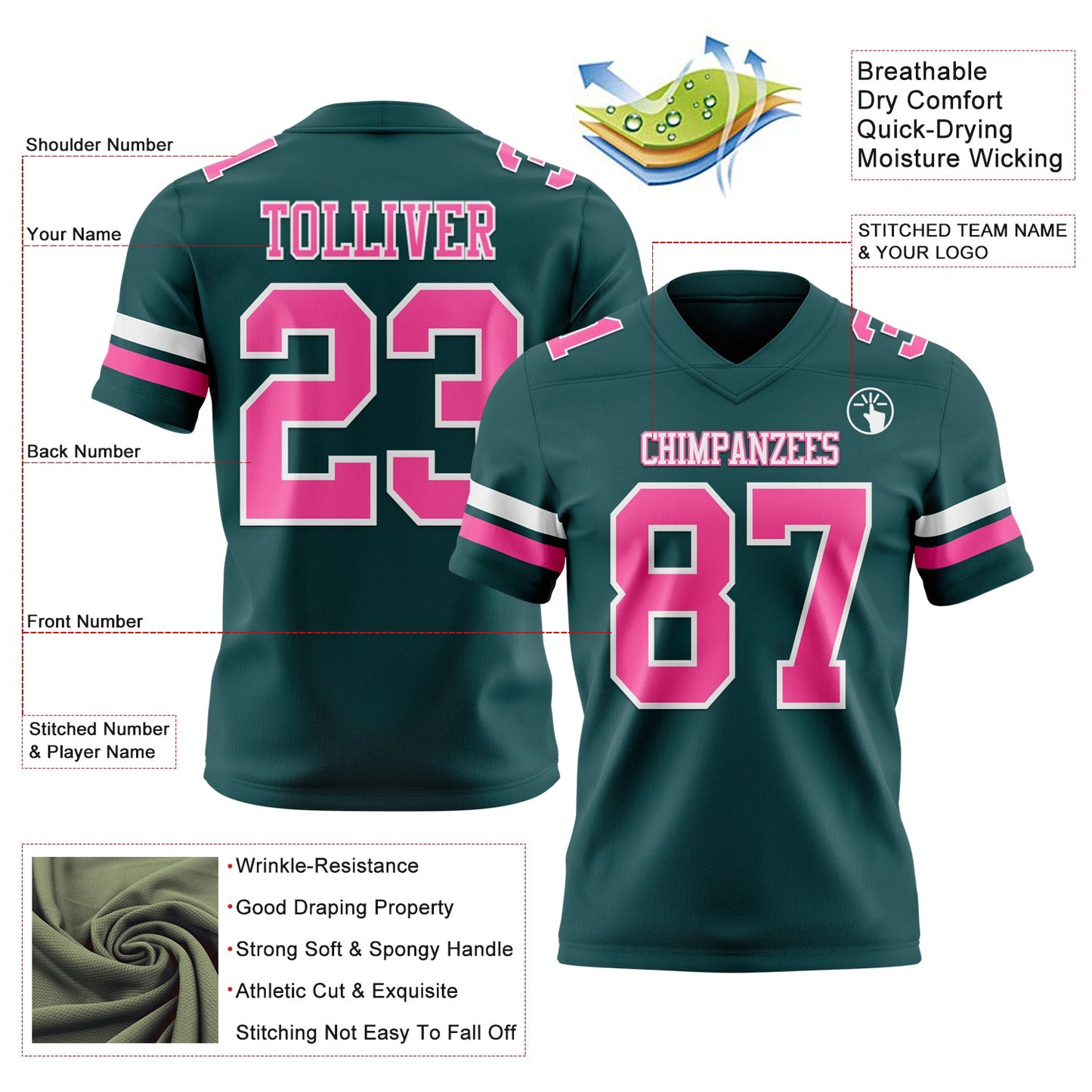 Custom Midnight Green Pink-White Mesh Authentic Football Jersey - Sky-Custom