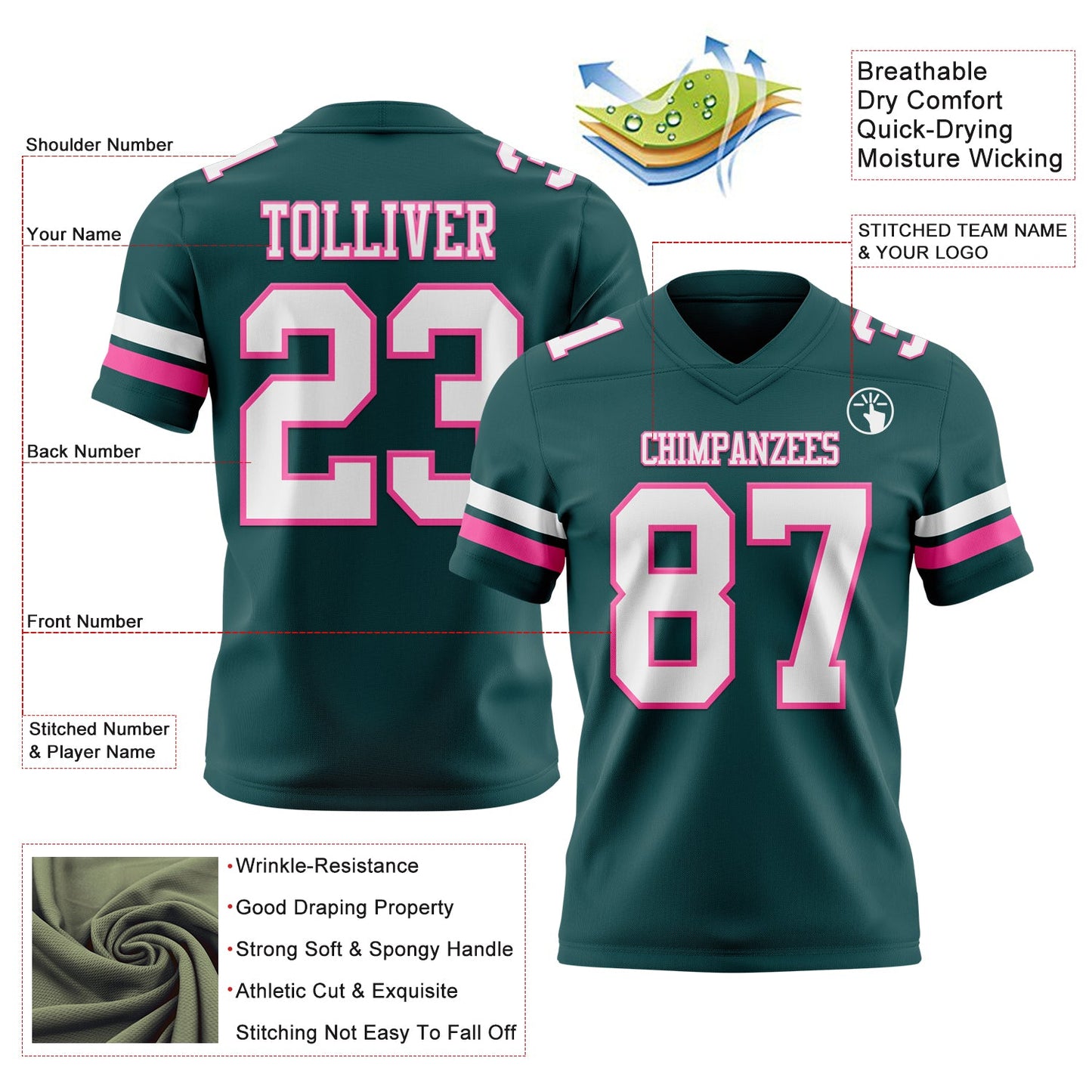 Custom Midnight Green White-Pink Mesh Authentic Football Jersey - Sky-Custom