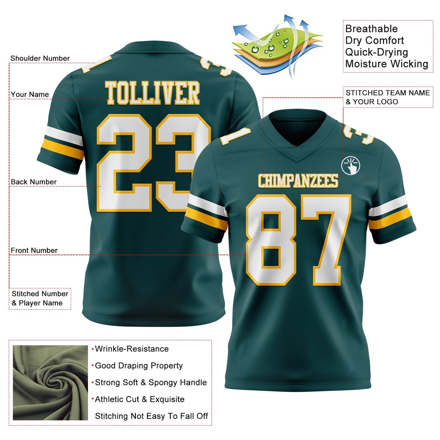 Custom Midnight Green White-Gold Mesh Authentic Football Jersey - Sky-Custom
