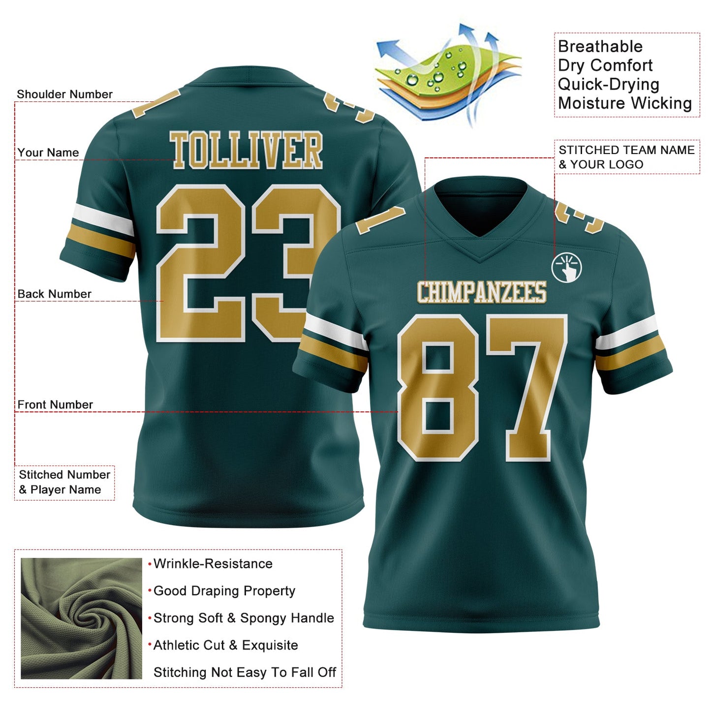 Custom Midnight Green Old Gold-White Mesh Authentic Football Jersey - Sky-Custom