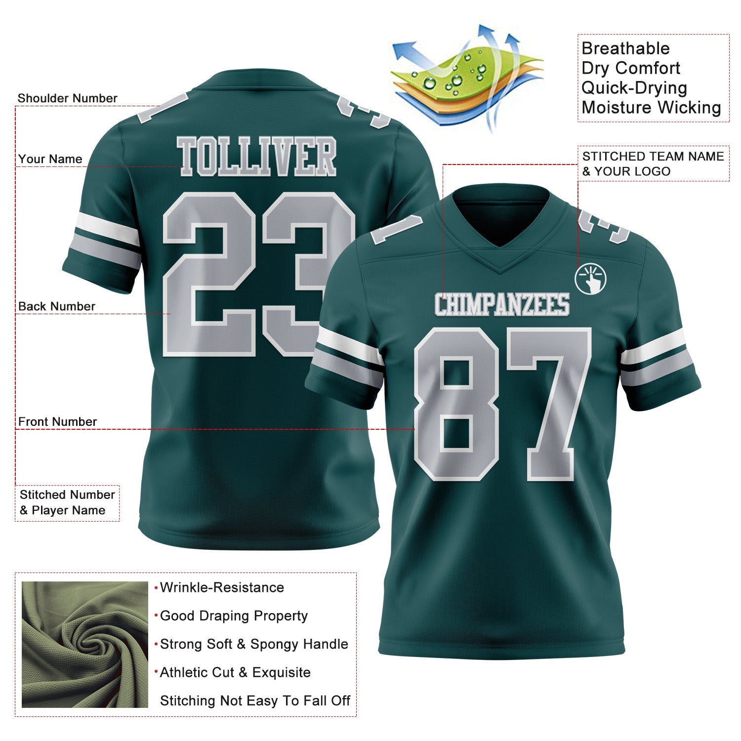 Custom Midnight Green Gray-White Mesh Authentic Football Jersey - Sky-Custom
