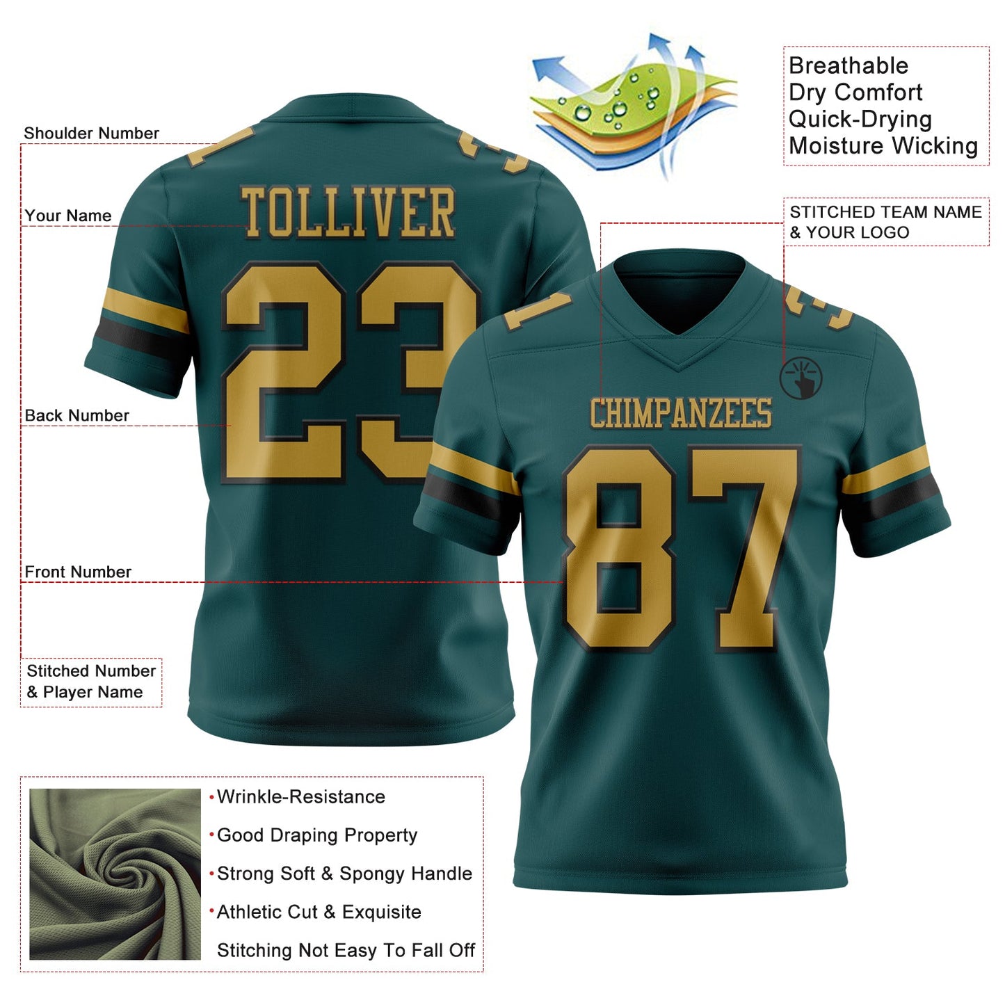Custom Midnight Green Old Gold-Black Mesh Authentic Football Jersey - Sky-Custom