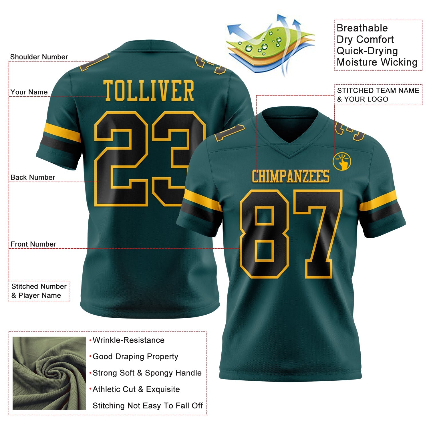 Custom Midnight Green Black-Old Gold Mesh Authentic Football Jersey - Sky-Custom