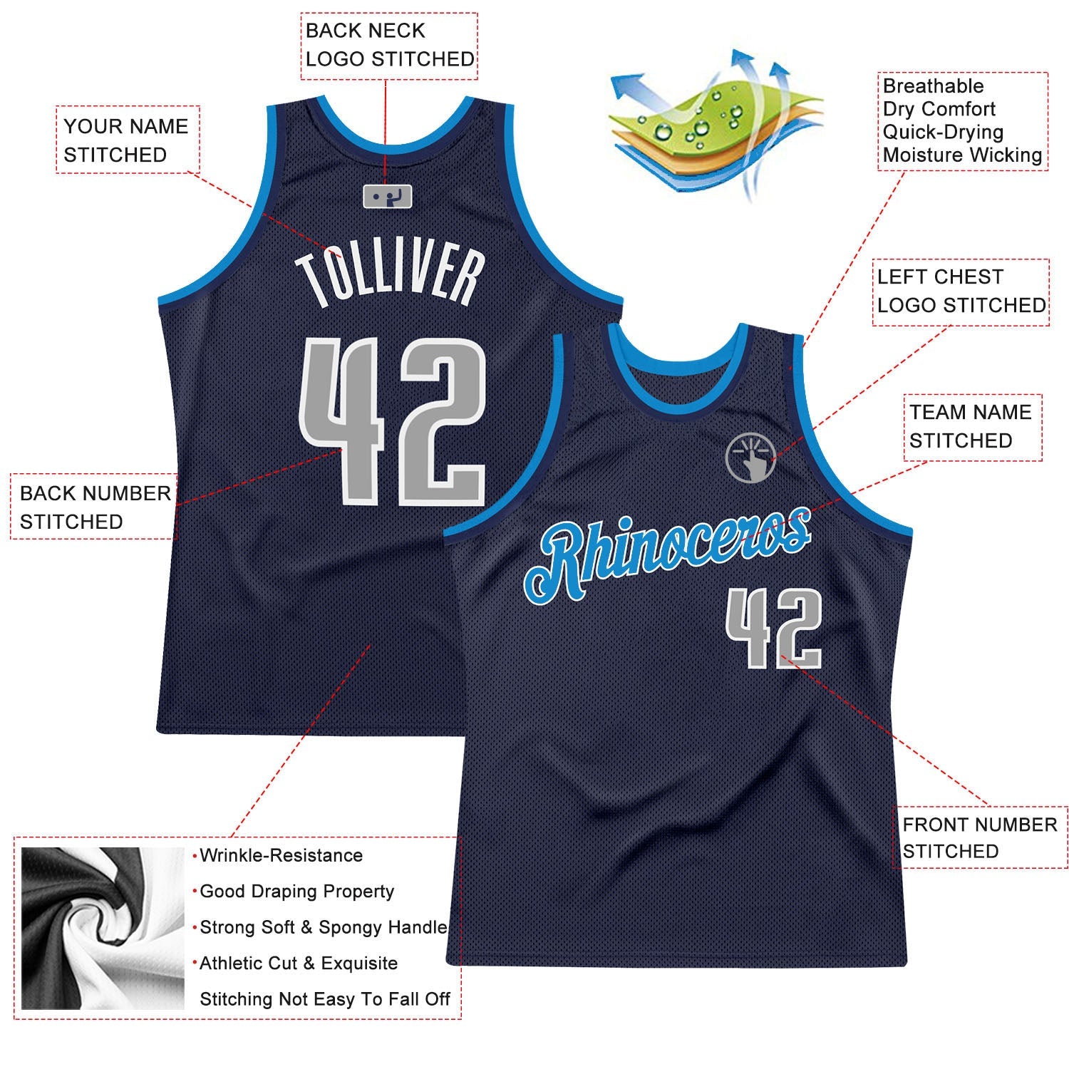 Custom Navy Gray-Blue Authentic Throwback Basketball Jersey - Sky-Custom