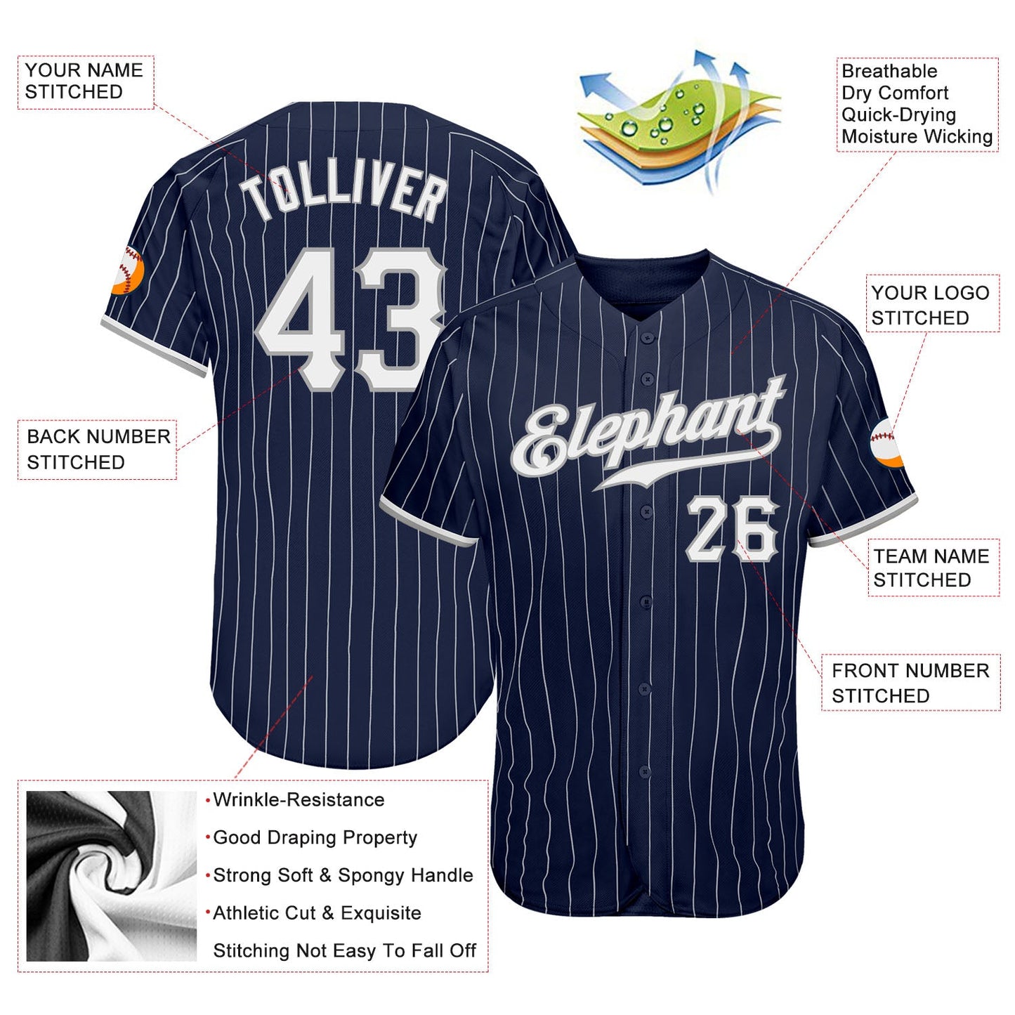 Custom Navy White Pinstripe White-Gray Authentic Baseball Jersey - Sky-Custom