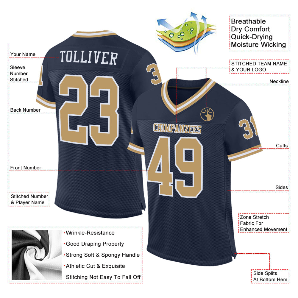 Custom Navy Old Gold-White Mesh Authentic Throwback Football Jersey - Sky-Custom