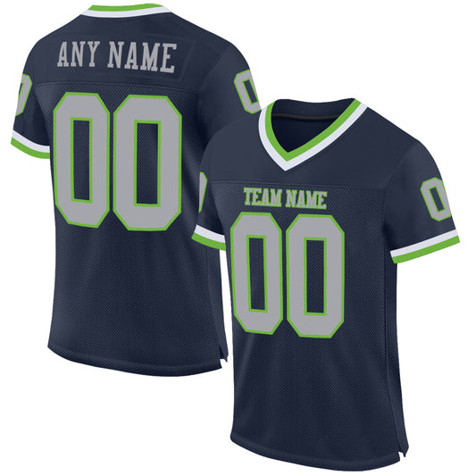Custom Navy Gray-Neon Green Mesh Authentic Throwback Football Jersey - Sky-Custom