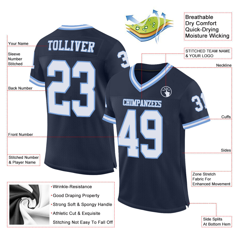Custom Navy White-Light Blue Mesh Authentic Throwback Football Jersey - Sky-Custom