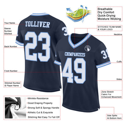 Custom Navy White-Light Blue Mesh Authentic Throwback Football Jersey - Sky-Custom