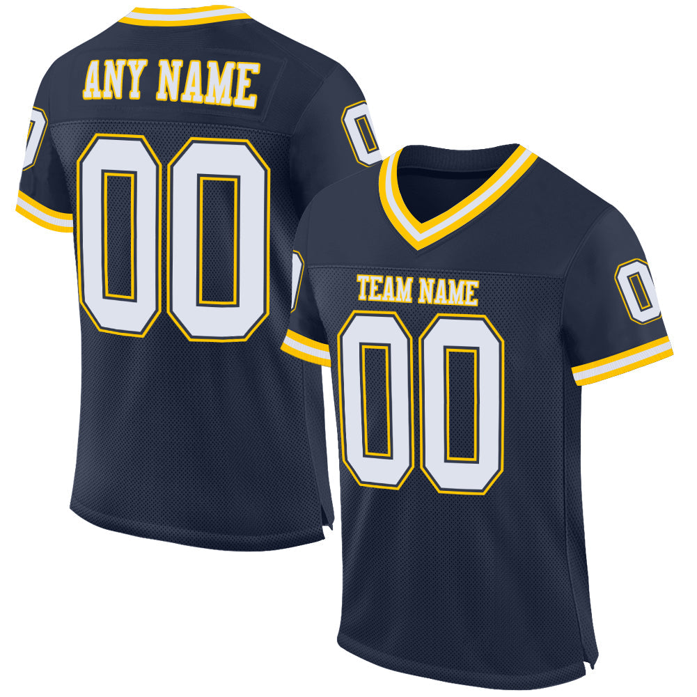 Custom Navy White-Gold Mesh Authentic Throwback Football Jersey - Sky-Custom