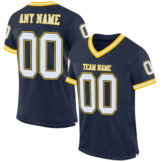 Custom Navy White-Gold Mesh Authentic Throwback Football Jersey - Sky-Custom
