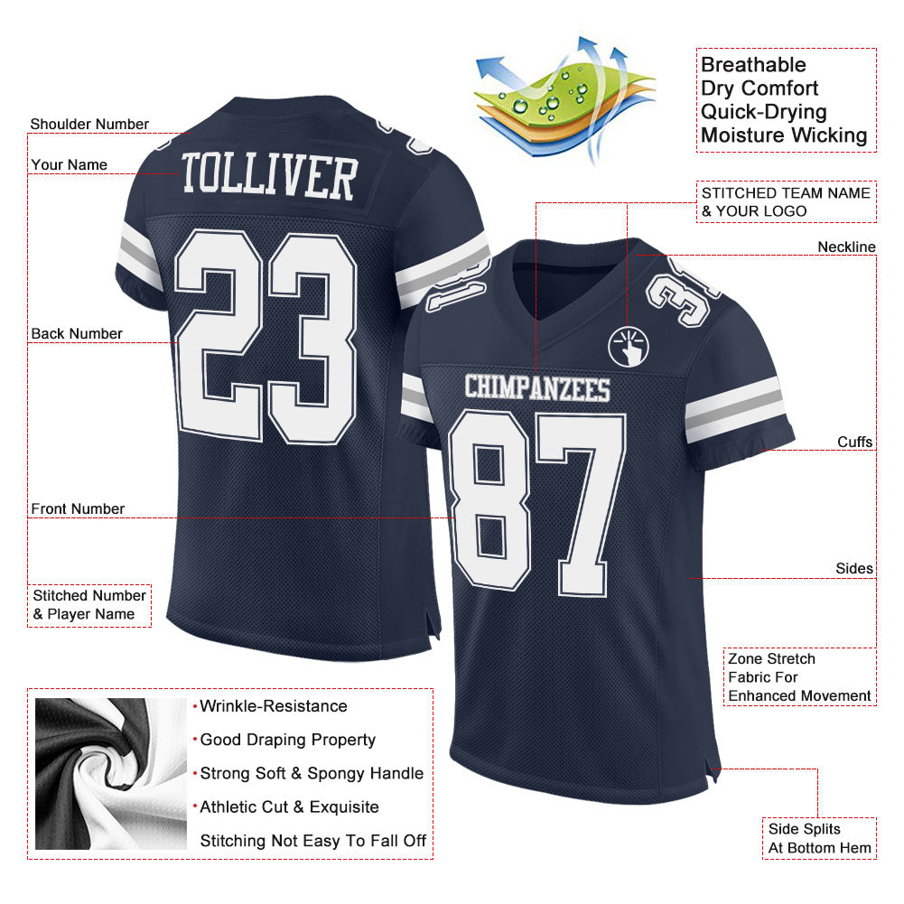 Custom Navy White-Gray Mesh Authentic Football Jersey - Sky-Custom