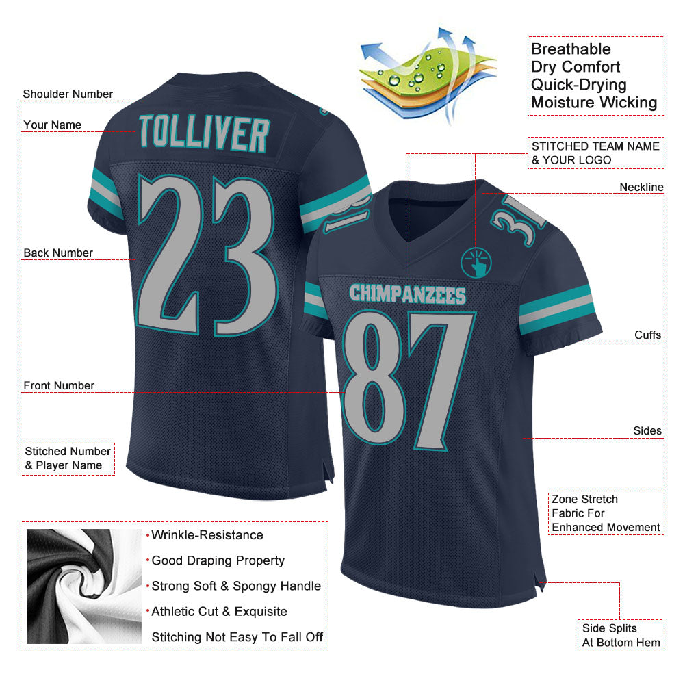 Custom Navy Gray-Aqua Mesh Authentic Football Jersey - Sky-Custom
