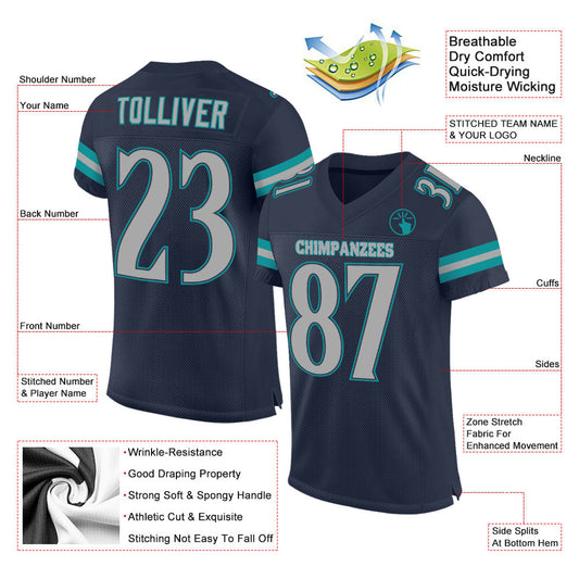 Custom Navy Gray-Aqua Mesh Authentic Football Jersey - Sky-Custom