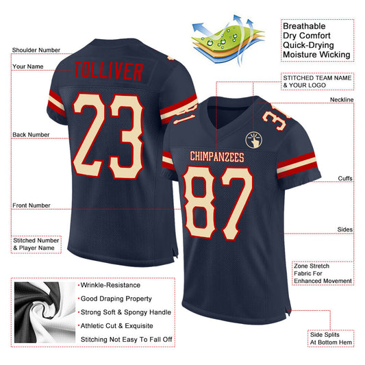 Custom Navy Cream-Red Mesh Authentic Football Jersey - Sky-Custom