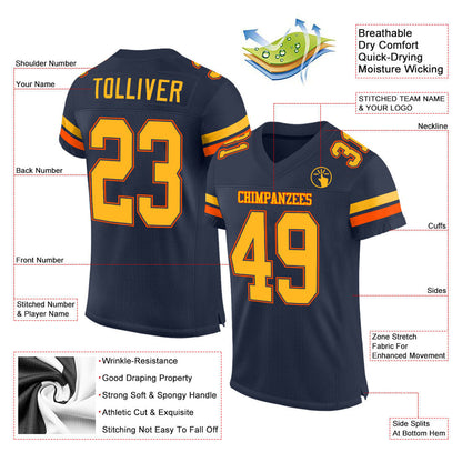 Custom Navy Gold-Orange Mesh Authentic Football Jersey - Sky-Custom