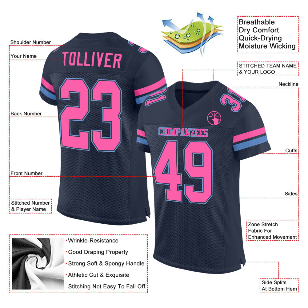 Custom Navy Pink-Light Blue Mesh Authentic Football Jersey - Sky-Custom