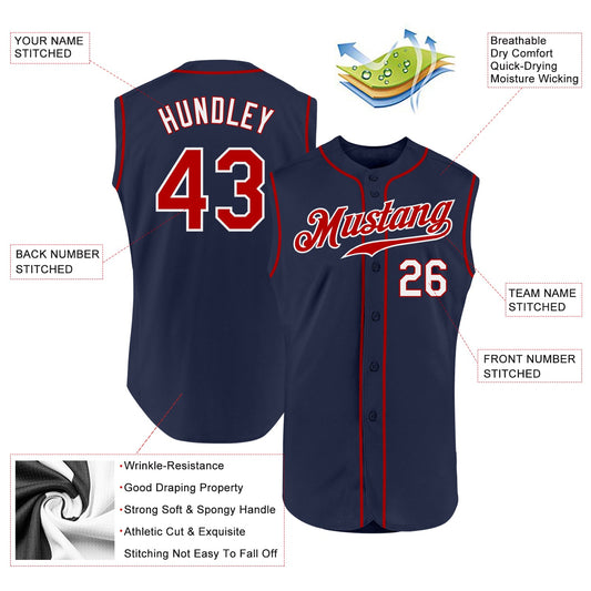 Custom Navy Red-White Authentic Sleeveless Baseball Jersey - Sky-Custom