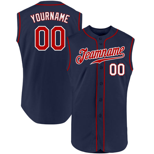 Custom Navy Red-White Authentic Sleeveless Baseball Jersey - Sky-Custom
