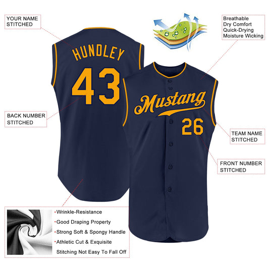 Custom Navy Gold Authentic Sleeveless Baseball Jersey - Sky-Custom