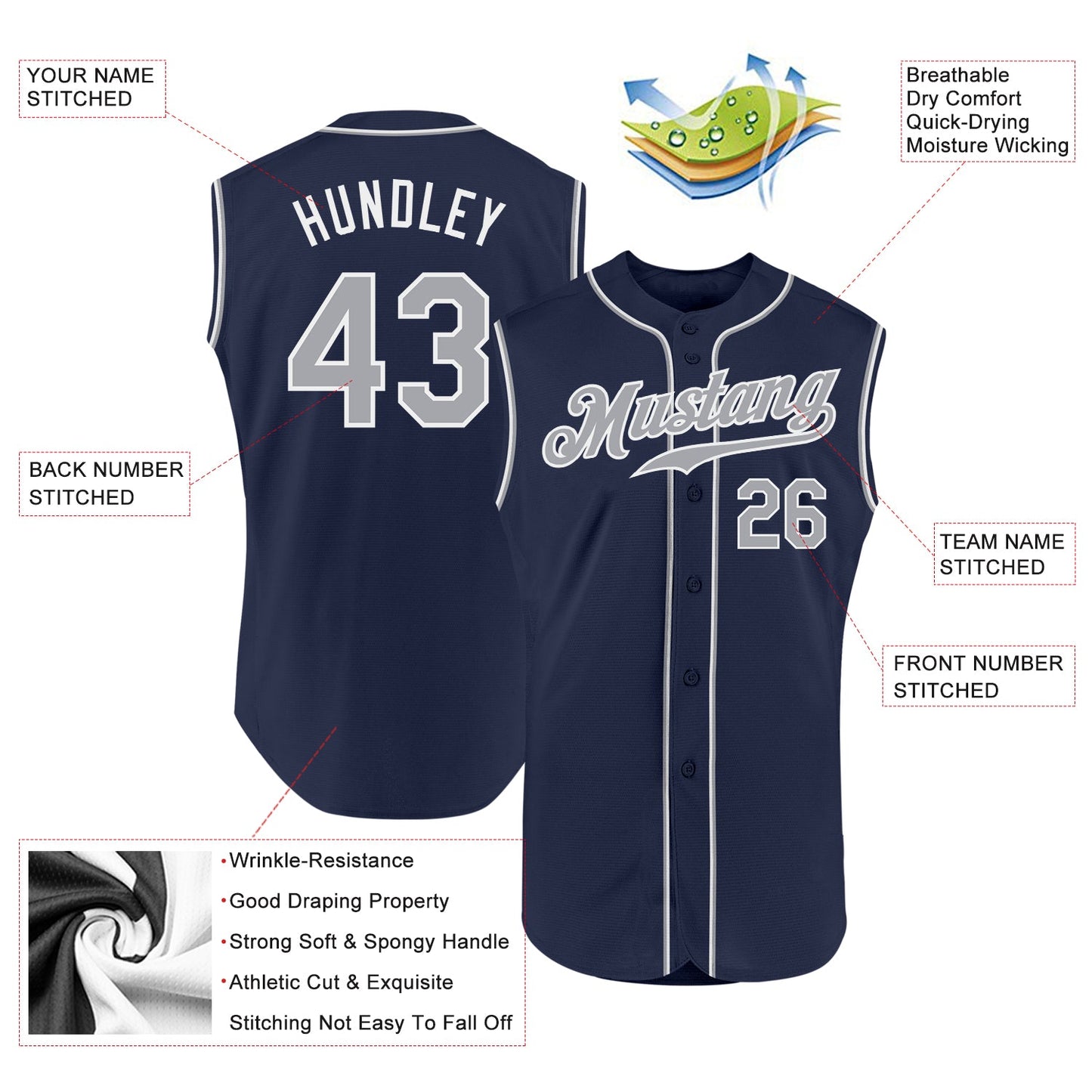 Custom Navy Gray-White Authentic Sleeveless Baseball Jersey - Sky-Custom
