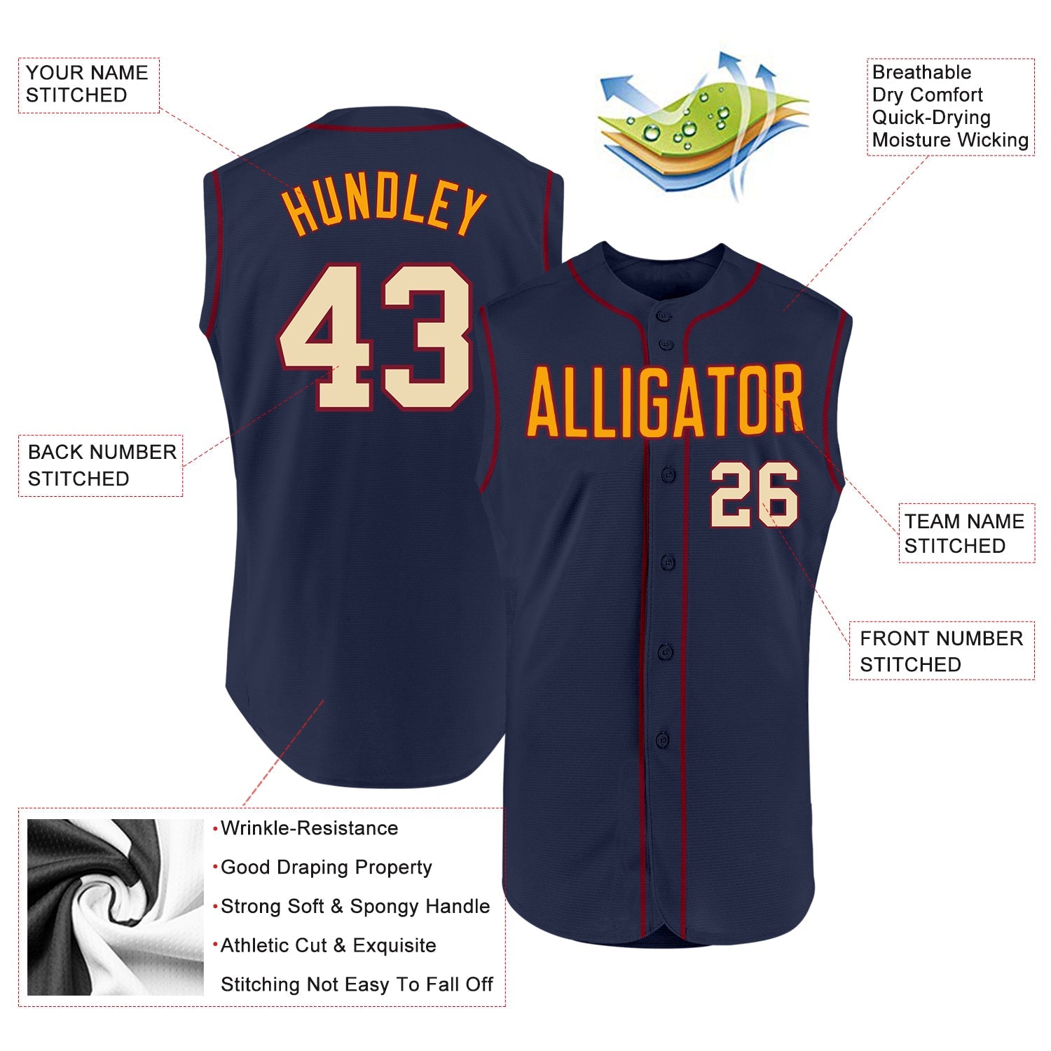 Custom Navy Cream-Crimson Authentic Sleeveless Baseball Jersey - Sky-Custom