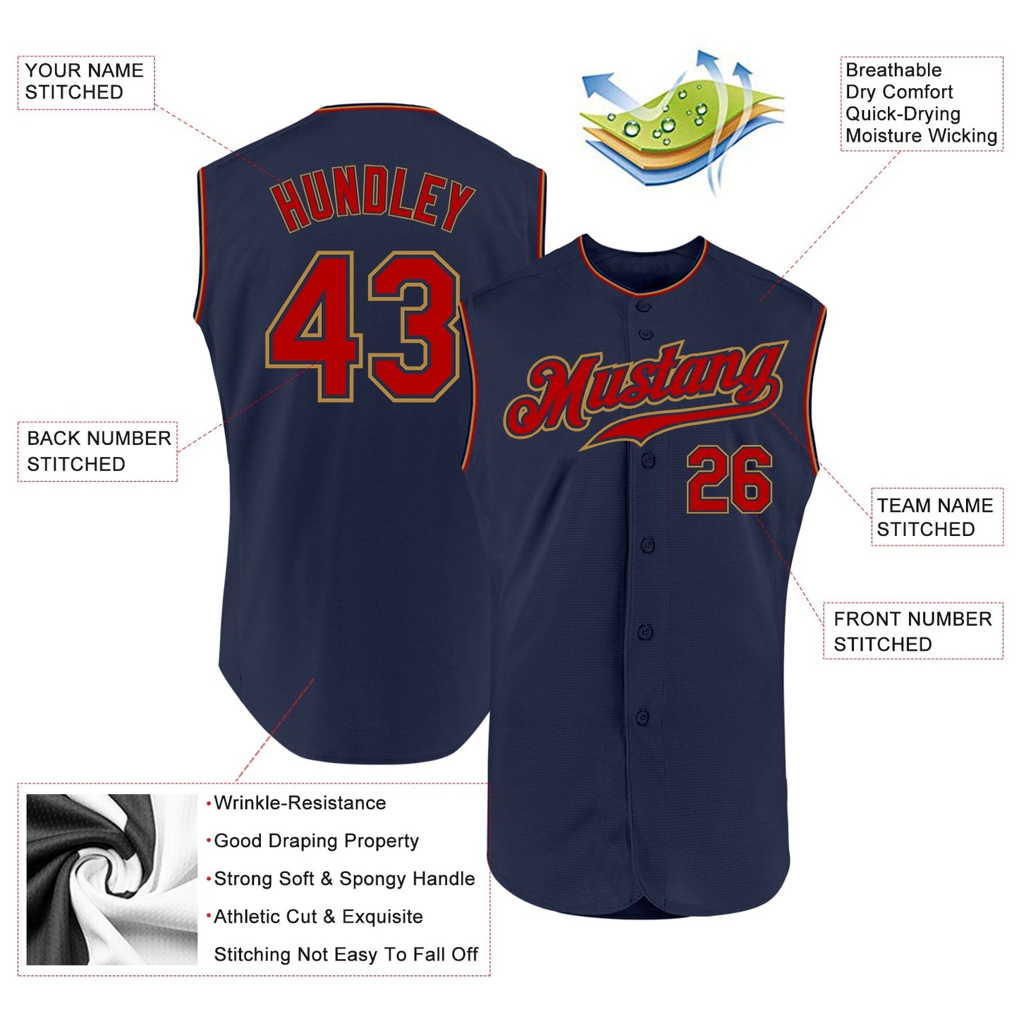 Custom Navy Red-Old Gold Authentic Sleeveless Baseball Jersey - Sky-Custom