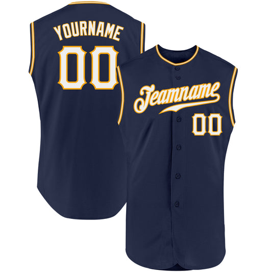 Custom Navy White-Gold Authentic Sleeveless Baseball Jersey - Sky-Custom