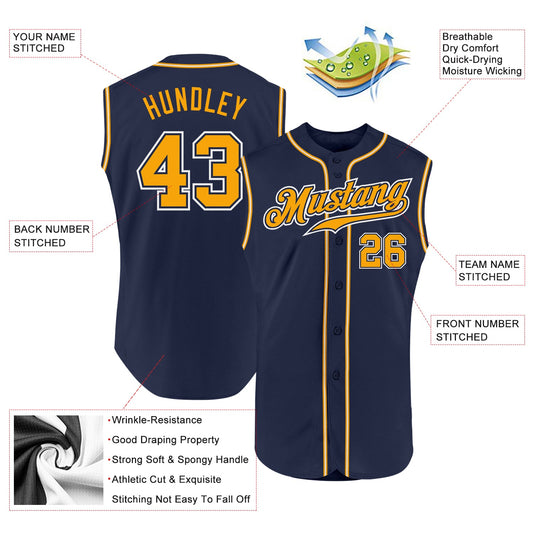 Custom Navy Gold-White Authentic Sleeveless Baseball Jersey - Sky-Custom