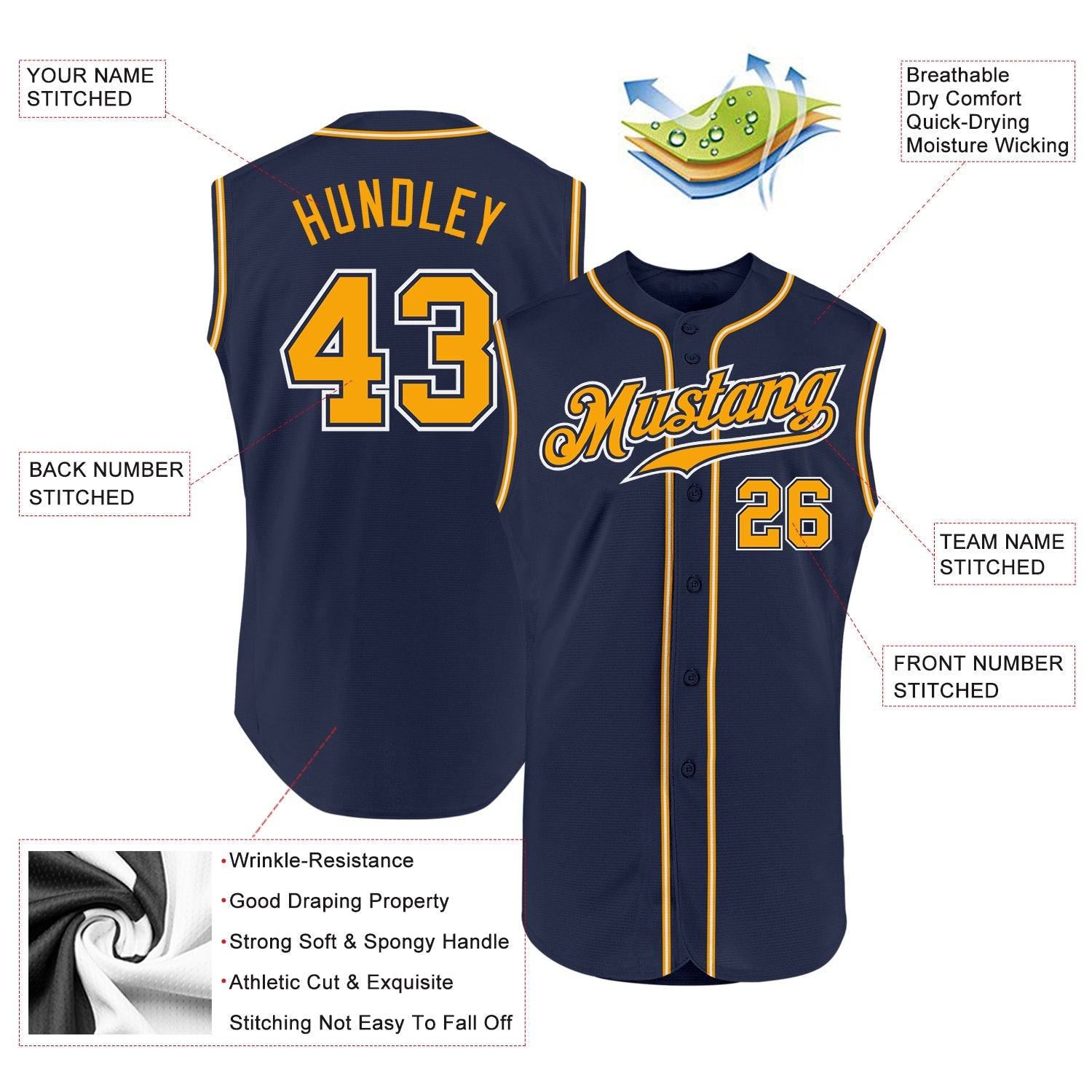 Custom Navy Gold-White Authentic Sleeveless Baseball Jersey - Sky-Custom