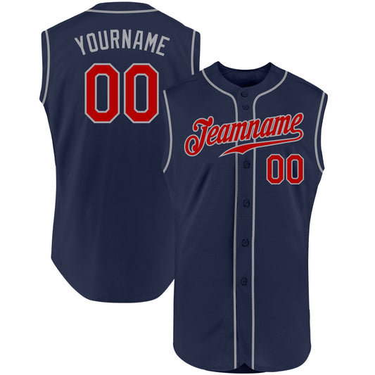 Custom Navy Red-Gray Authentic Sleeveless Baseball Jersey - Sky-Custom
