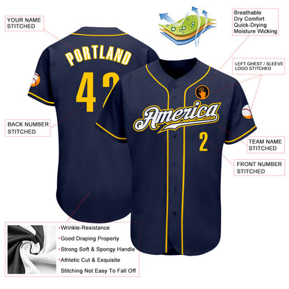 Custom Navy Gold-White Authentic Baseball Jersey - Sky-Custom