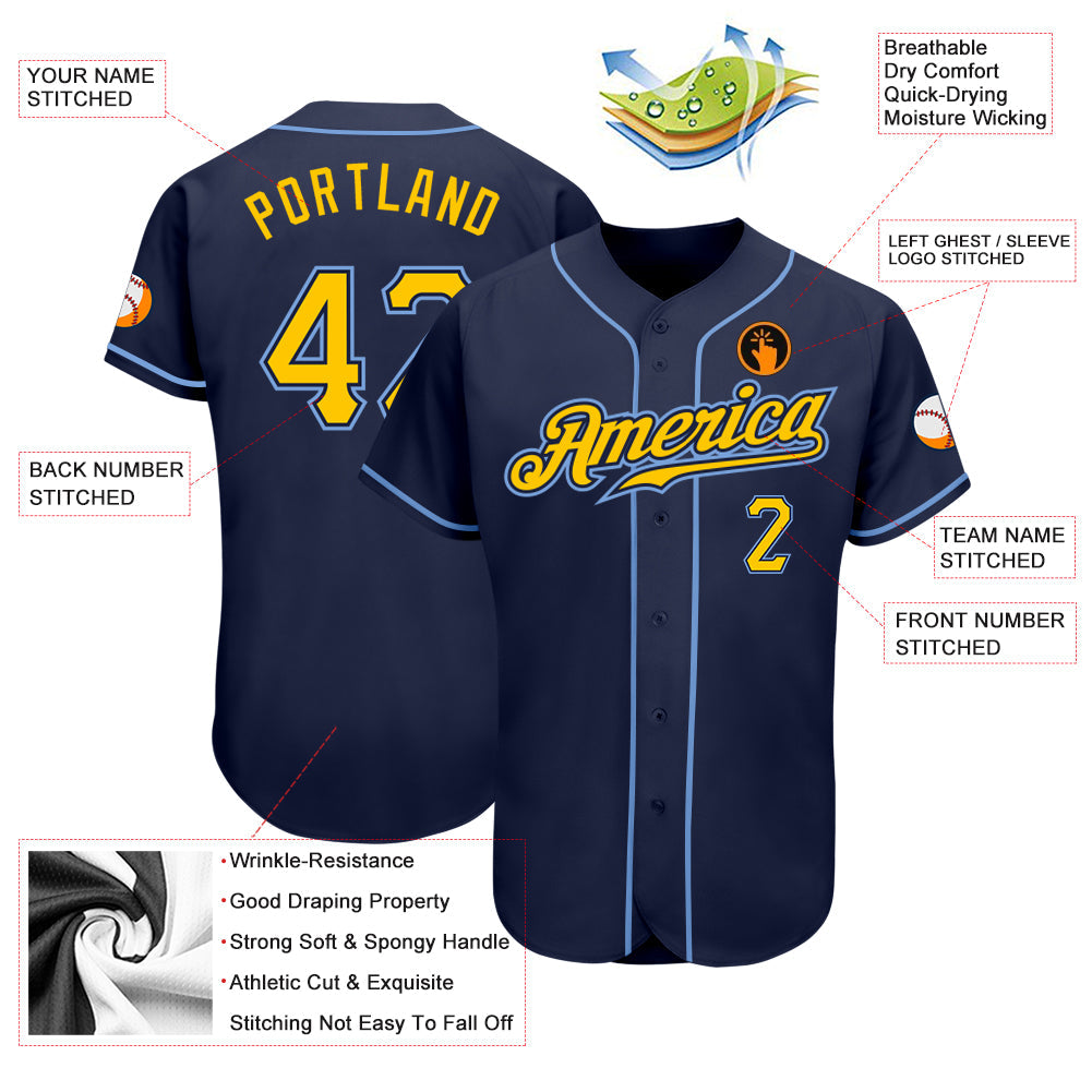 Custom Navy Gold-Light Blue Authentic Baseball Jersey - Sky-Custom