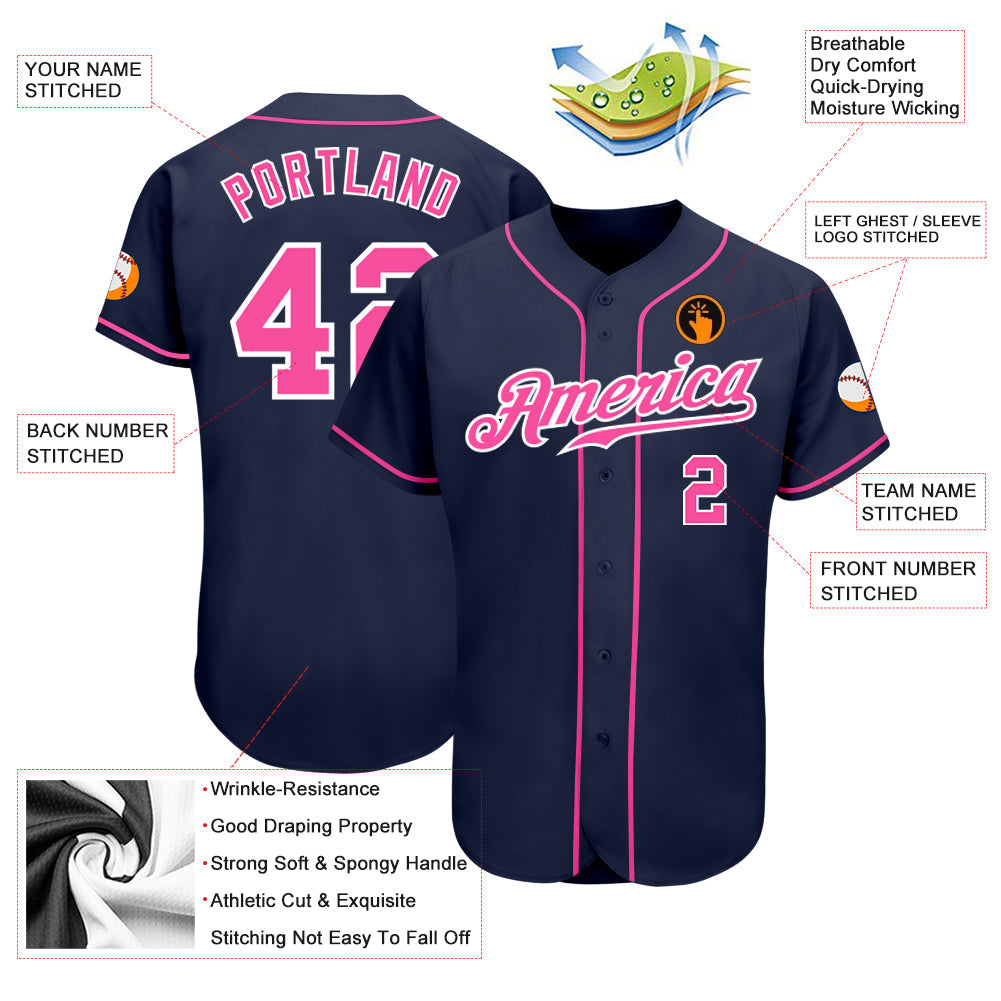 Custom Navy Pink-White Authentic Baseball Jersey - Sky-Custom