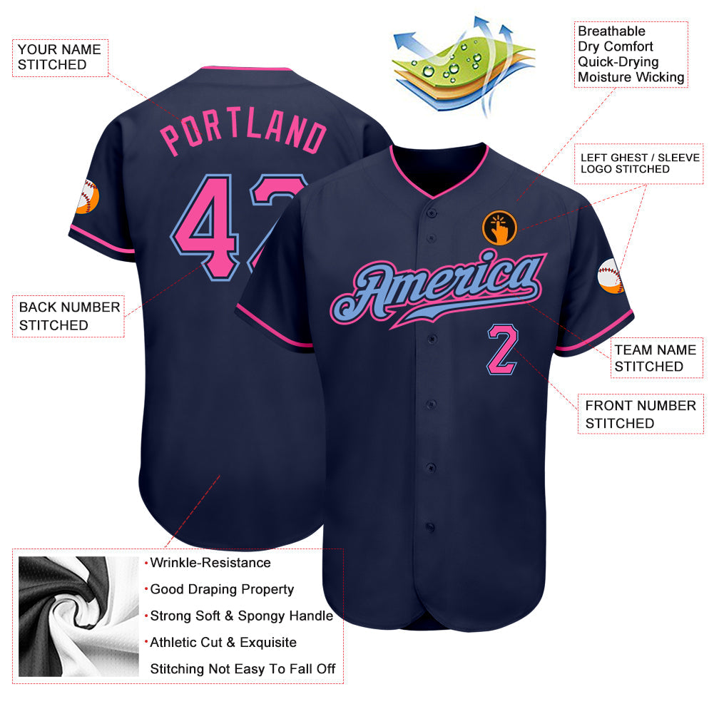 Custom Navy Pink-Light Blue Authentic Baseball Jersey - Sky-Custom