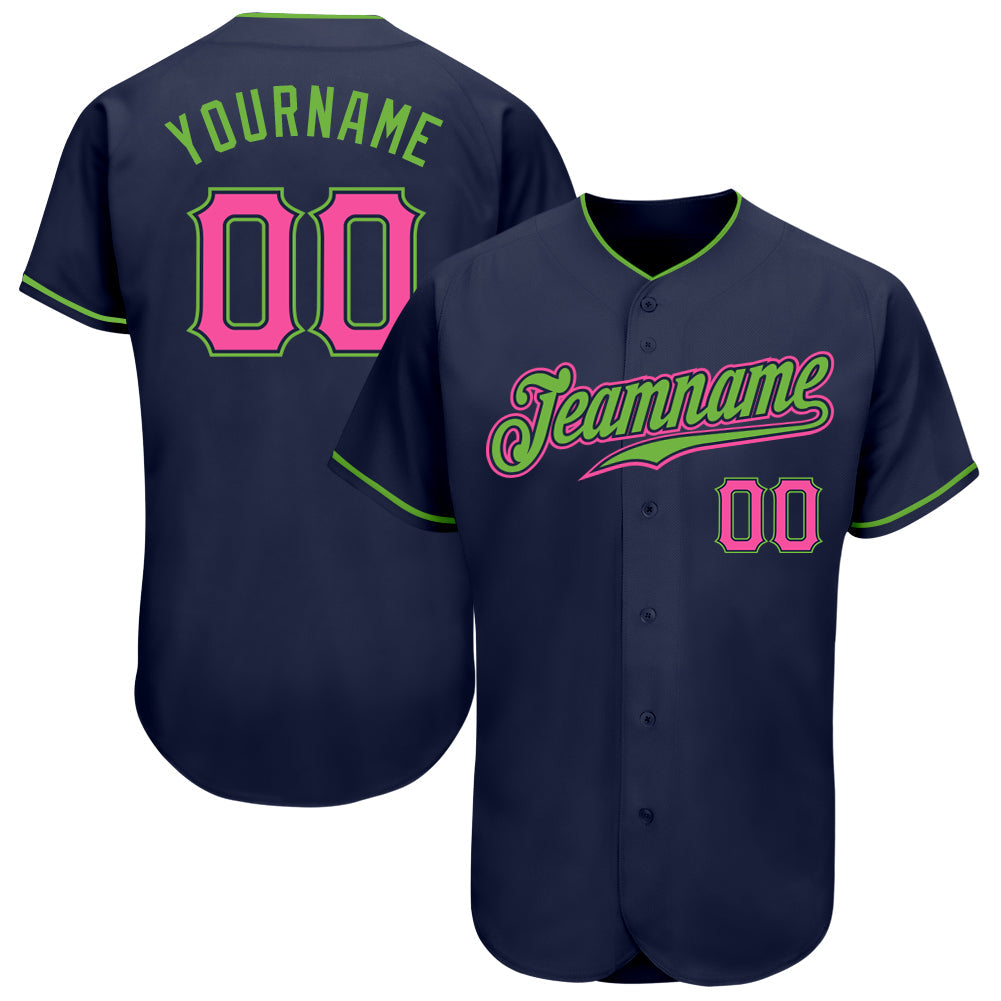 Custom Navy Pink-Neon Green Authentic Baseball Jersey - Sky-Custom