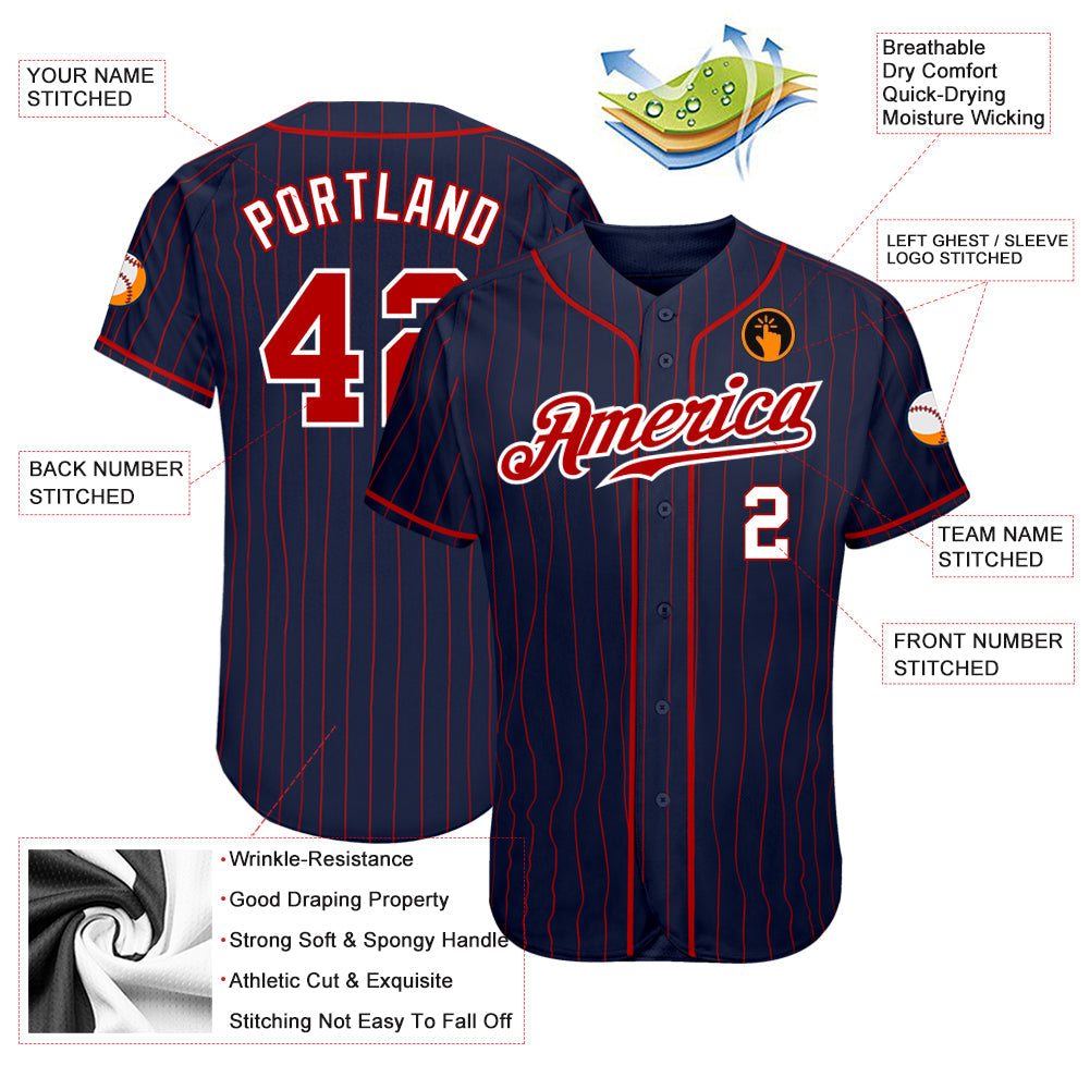 Custom Navy Red Pinstripe Red-White Authentic Baseball Jersey - Sky-Custom