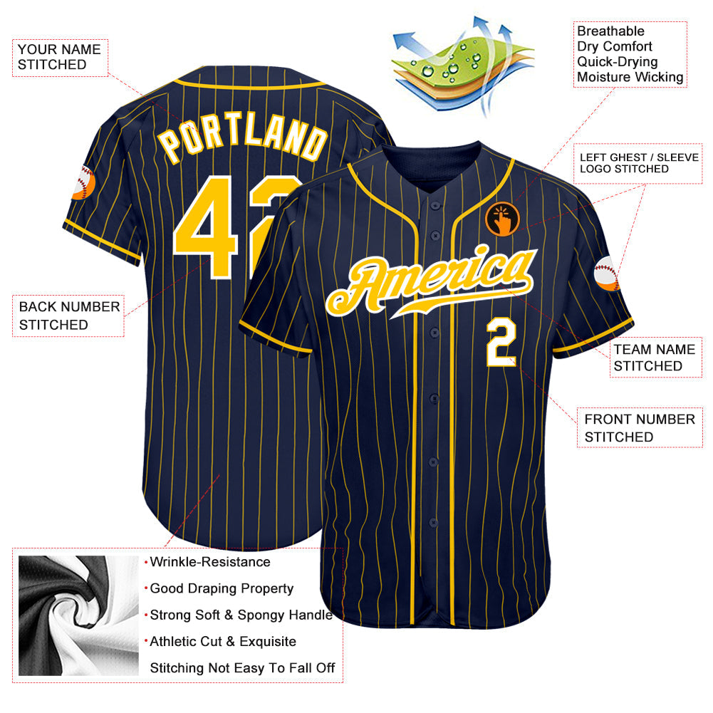 Custom Navy Gold Pinstripe Gold-White Authentic Baseball Jersey - Sky-Custom