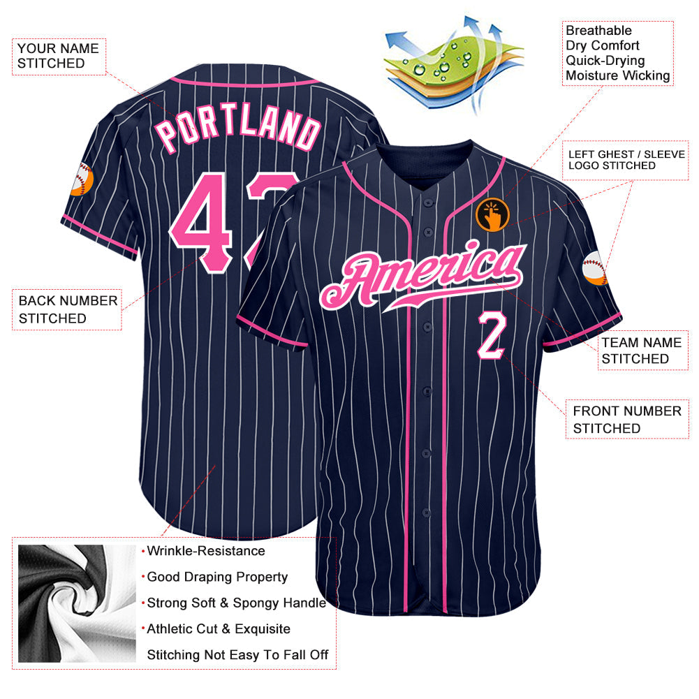 Custom Navy White Pinstripe Pink-White Authentic Baseball Jersey - Sky-Custom