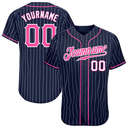 Custom Navy White Pinstripe Pink-White Authentic Baseball Jersey - Sky-Custom