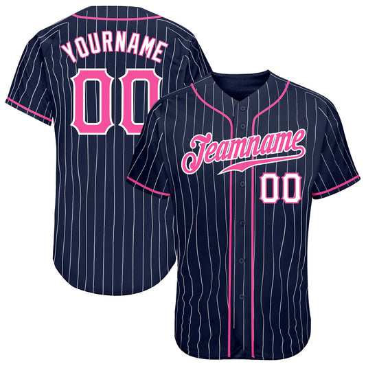 Custom Navy White Pinstripe Pink-White Authentic Baseball Jersey - Sky-Custom