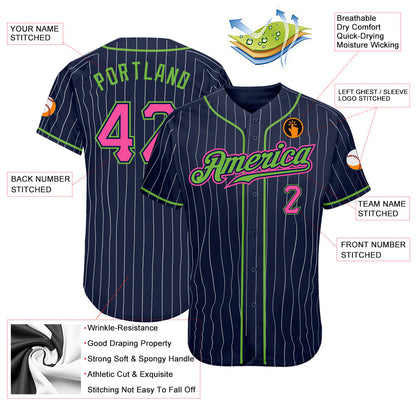Custom Navy White Pinstripe Pink-Neon Green Authentic Baseball Jersey - Sky-Custom