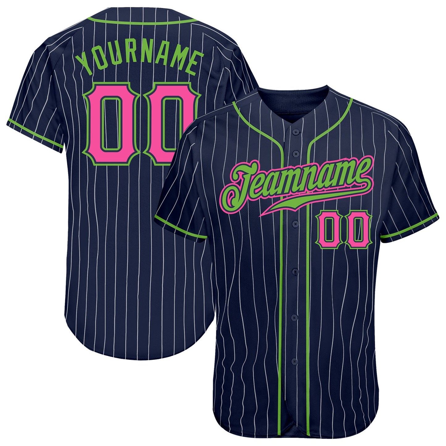 Custom Navy White Pinstripe Pink-Neon Green Authentic Baseball Jersey - Sky-Custom